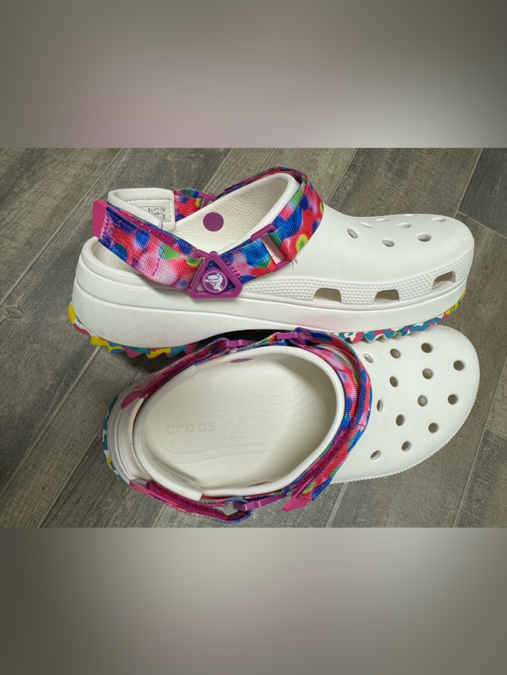 Crocs Classic Hiker Solarized Clogs White Multi Tie Dye Strap M9/W11 Y2K